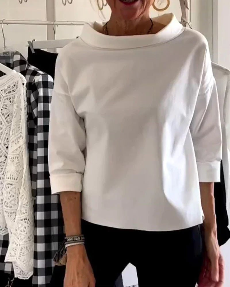 White Women's Bateau Neck 3/4 Sleeve Relaxed-Fit Top