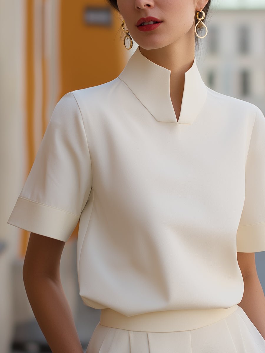 Women's Stand Collar Short Sleeve Structured Blouse | Isla