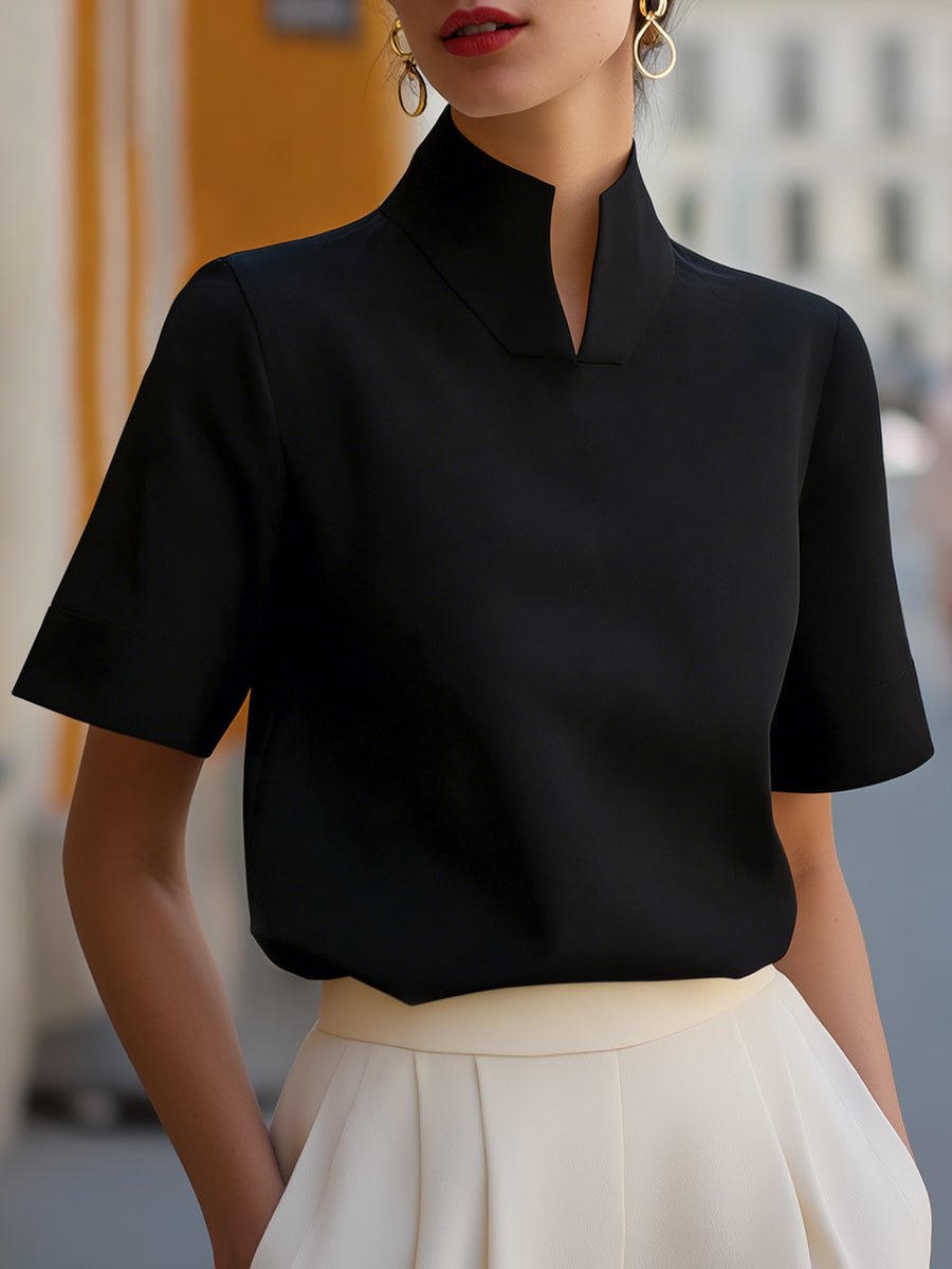 Women's Stand Collar Short Sleeve Structured Blouse | Isla