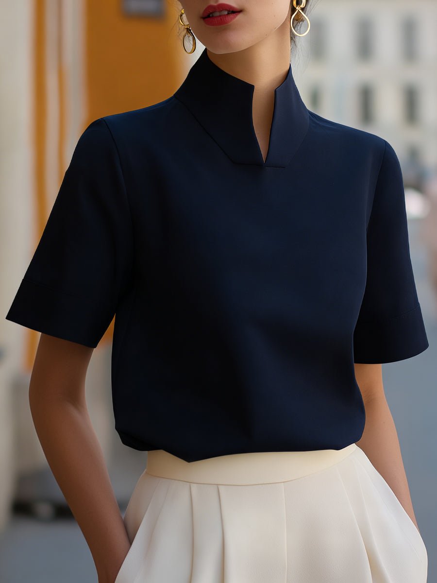 Women's Stand Collar Short Sleeve Structured Blouse | Isla