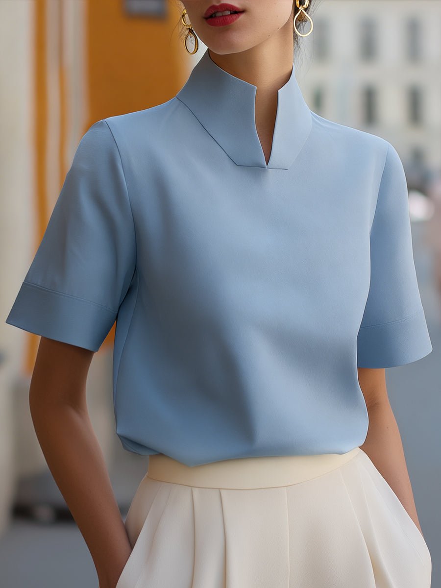Women's Stand Collar Short Sleeve Structured Blouse | Isla