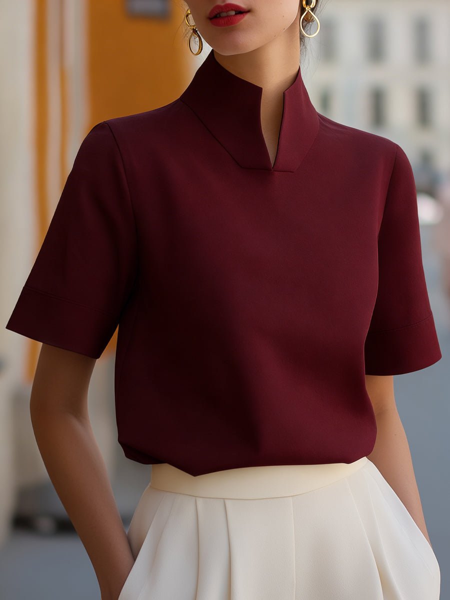 Women's Stand Collar Short Sleeve Structured Blouse | Isla