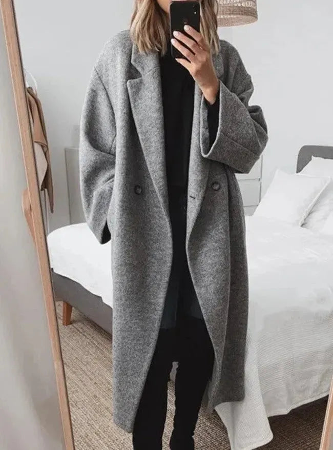 Women's Relaxed Fit Long Coat | Double-Breasted Minimalist Style