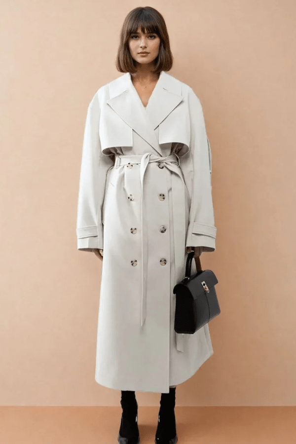 Women's Beige Oversized Trench Coat with Pleated Back