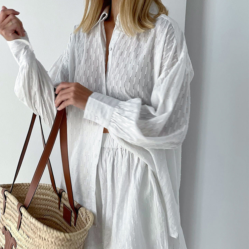 Broderie Stripe Linen Set – Women's Oversized Shirt & Shorts