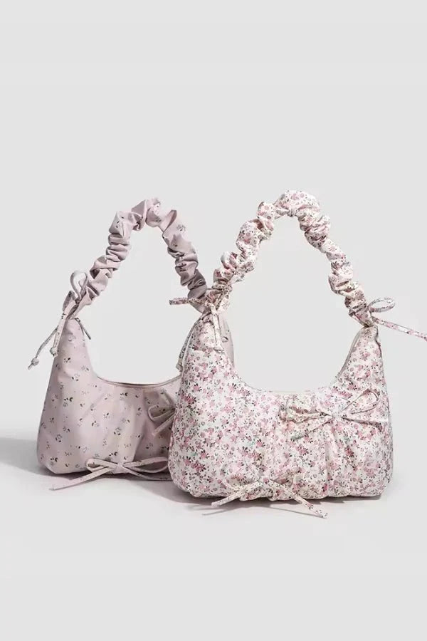 Floral Ruched Handbag – Feminine Canvas Shoulder Bag