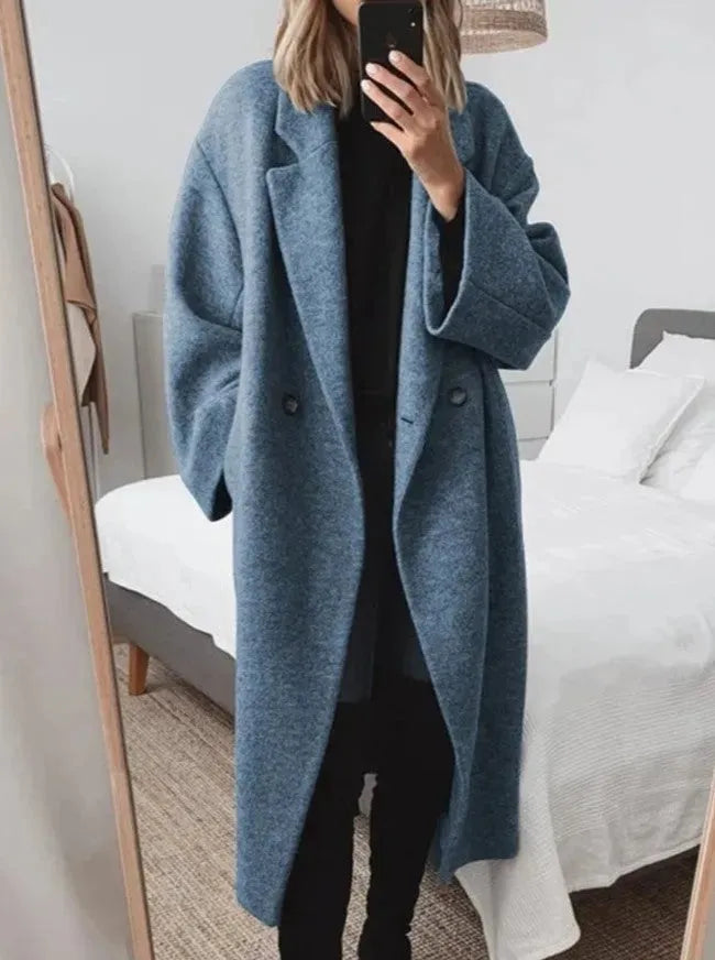 Women's Relaxed Fit Long Coat | Double-Breasted Minimalist Style