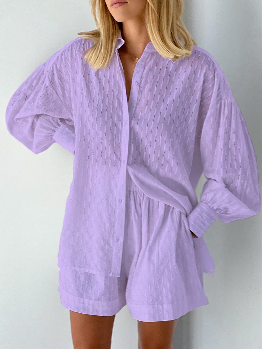 Broderie Stripe Linen Set – Women's Oversized Shirt & Shorts