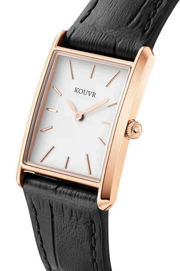 Rose Gold Leather Strap Watch – Geometric Bound Design