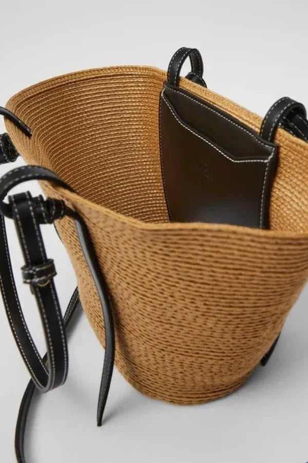 Woven Straw Tote Bag with Leather Handles – Summer Beach Bag