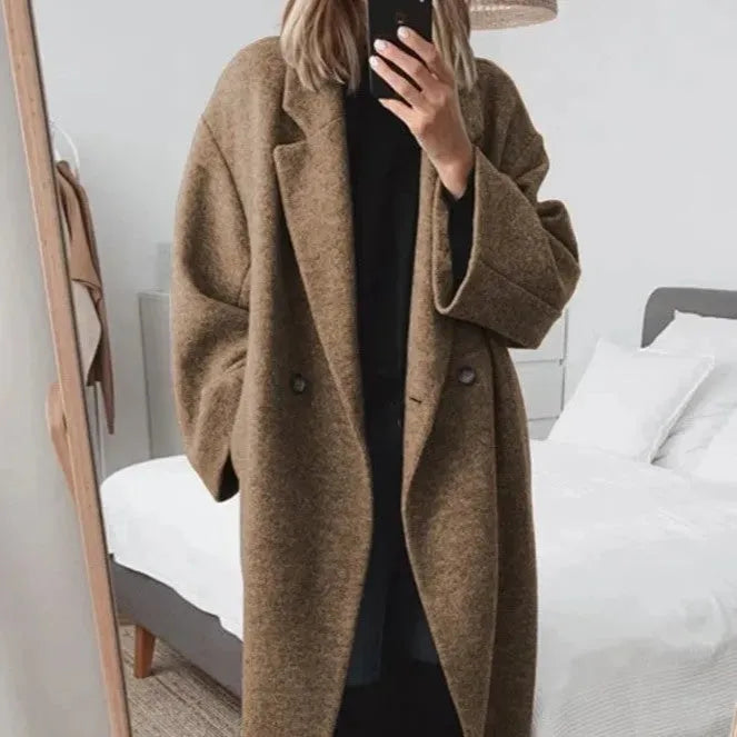 Women's Relaxed Fit Long Coat | Double-Breasted Minimalist Style