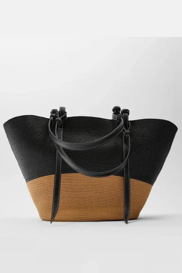Woven Straw Tote Bag with Leather Handles – Summer Beach Bag