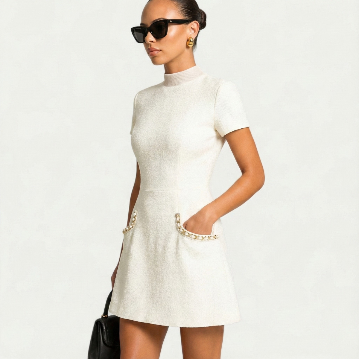 Women's Mini Dress with Pearl Trim and Pockets