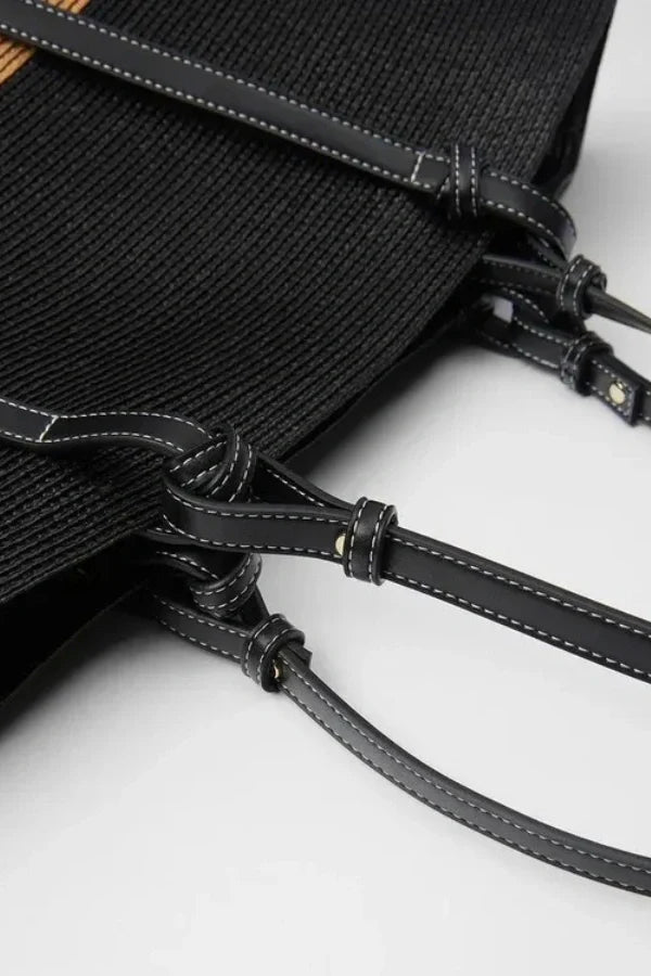 Woven Straw Tote Bag with Leather Handles – Summer Beach Bag