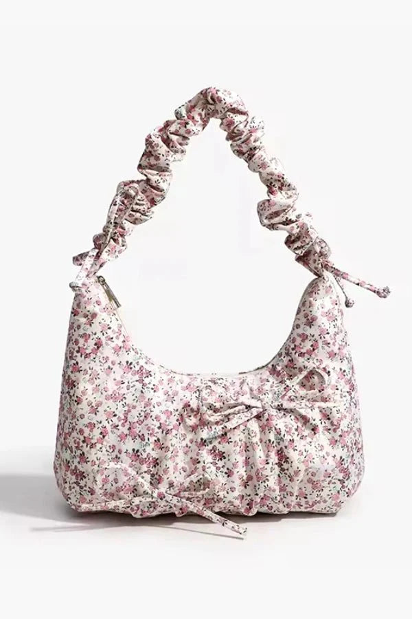 Floral Ruched Handbag – Feminine Canvas Shoulder Bag
