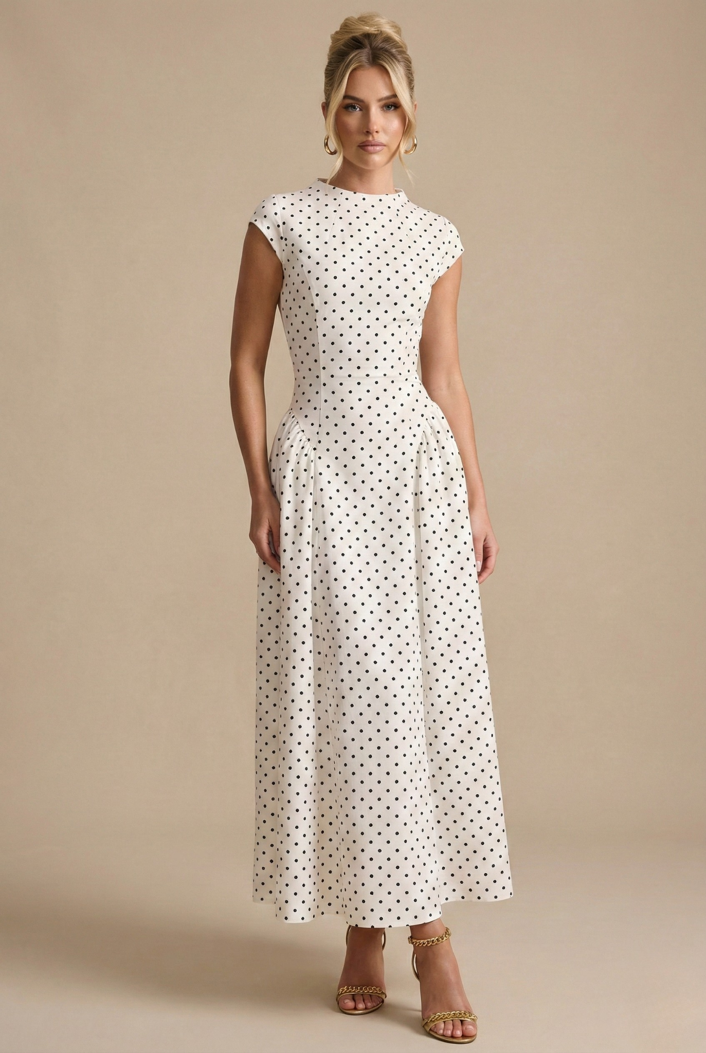Women's Polka Dot Maxi Dress – Cap Sleeve High Neck