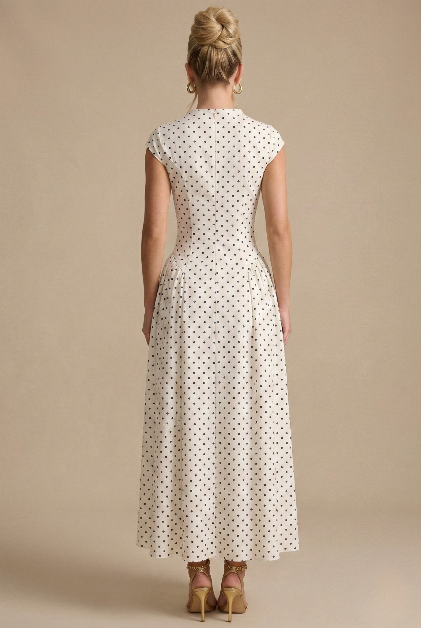 Women's Polka Dot Maxi Dress – Cap Sleeve High Neck