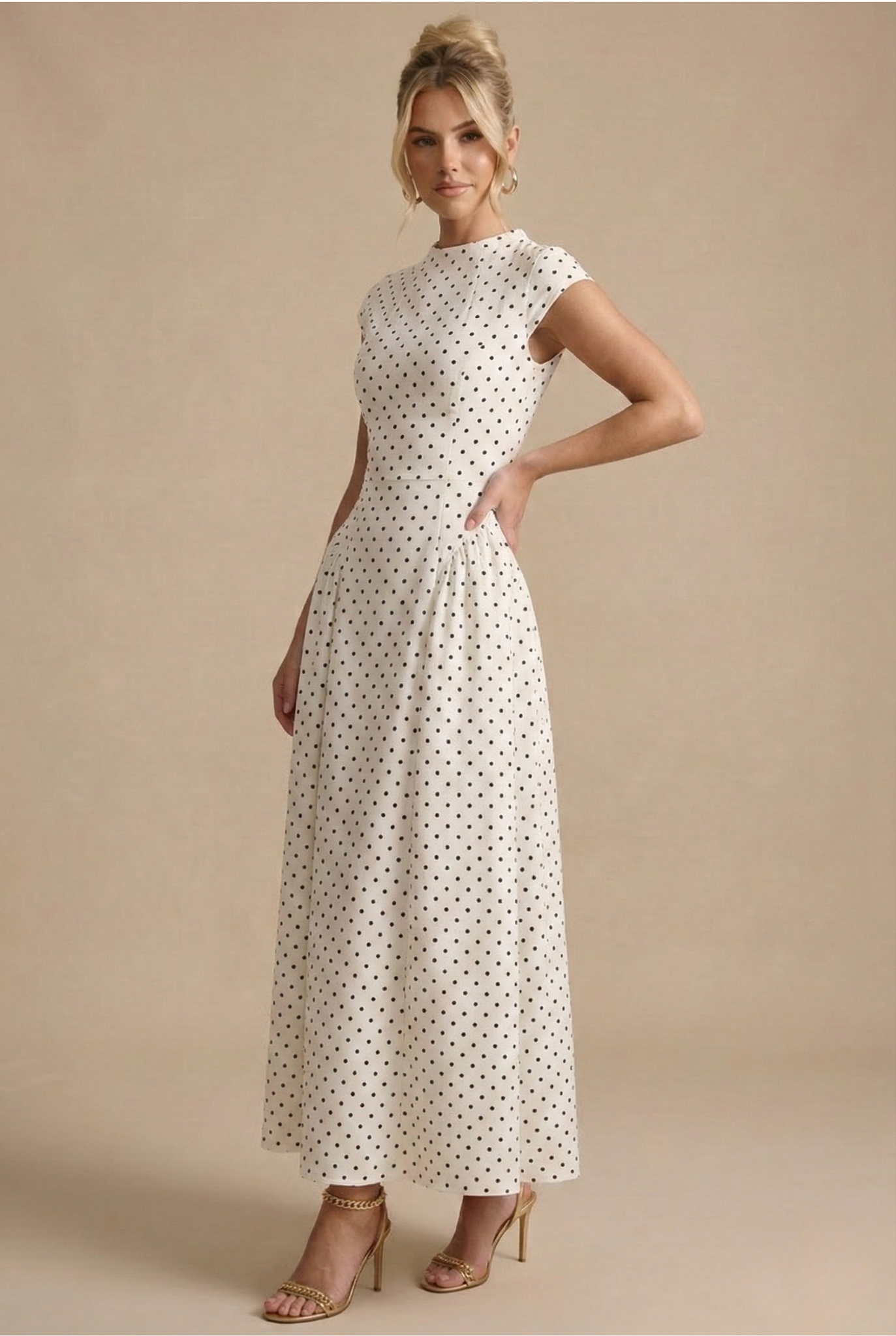 Women's Polka Dot Maxi Dress – Cap Sleeve High Neck