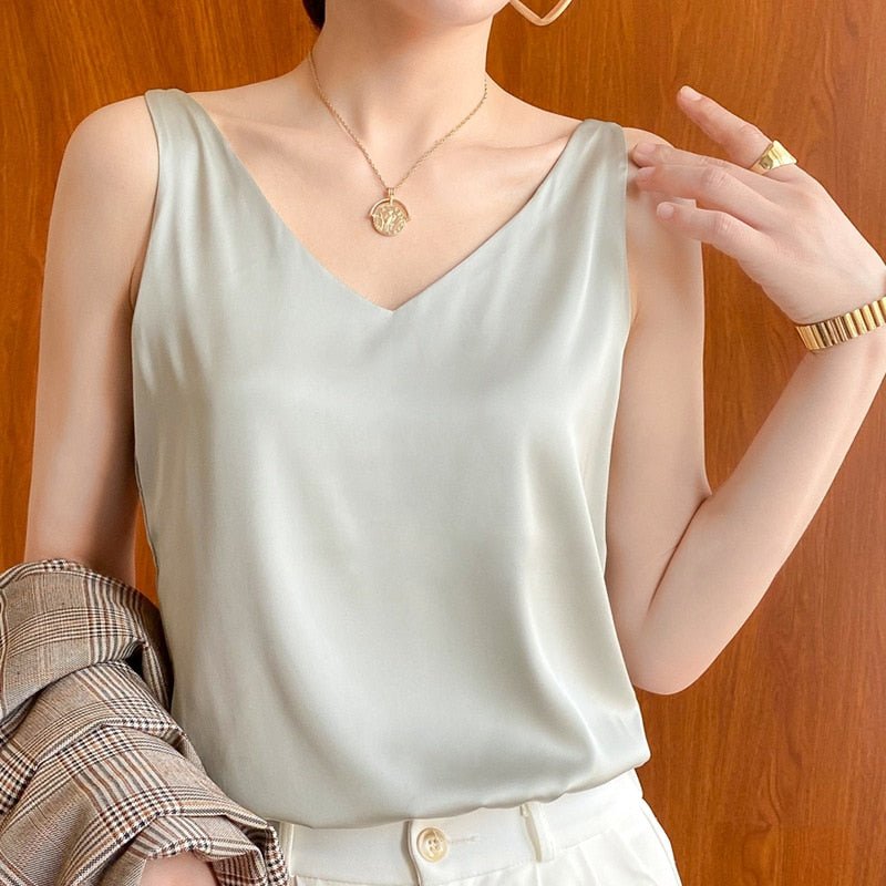 Women's Sleeveless V-Neck Top with Reflective Finish
