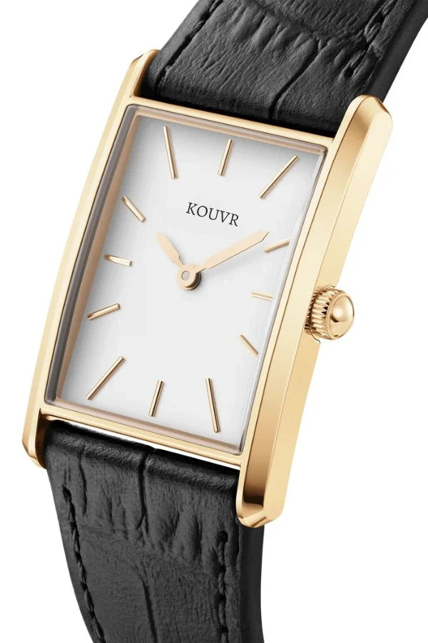 Rose Gold Leather Strap Watch – Geometric Bound Design