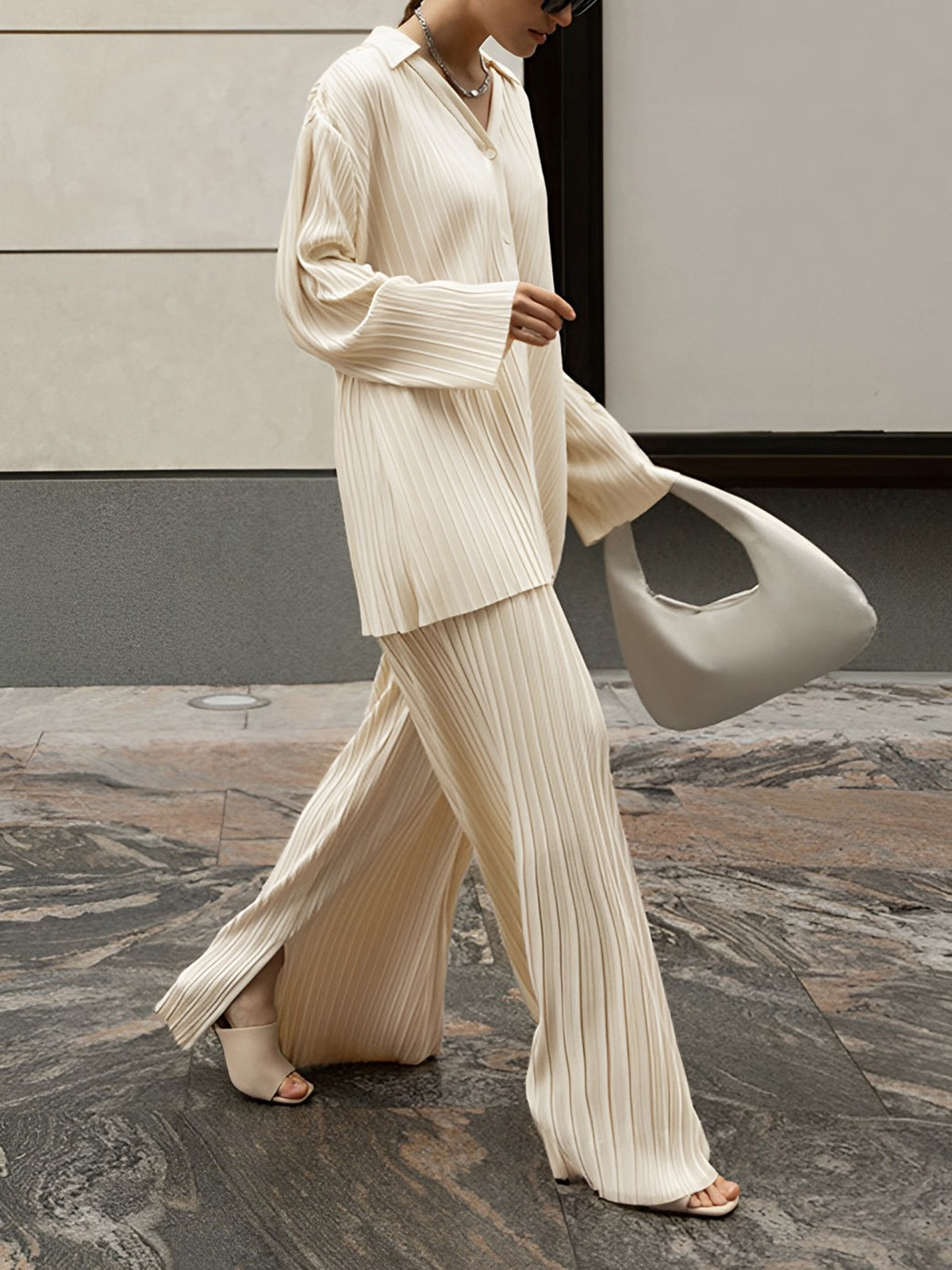 Women's Pleated Two-Piece Set – Oversized Shirt & Wide-Leg Trousers