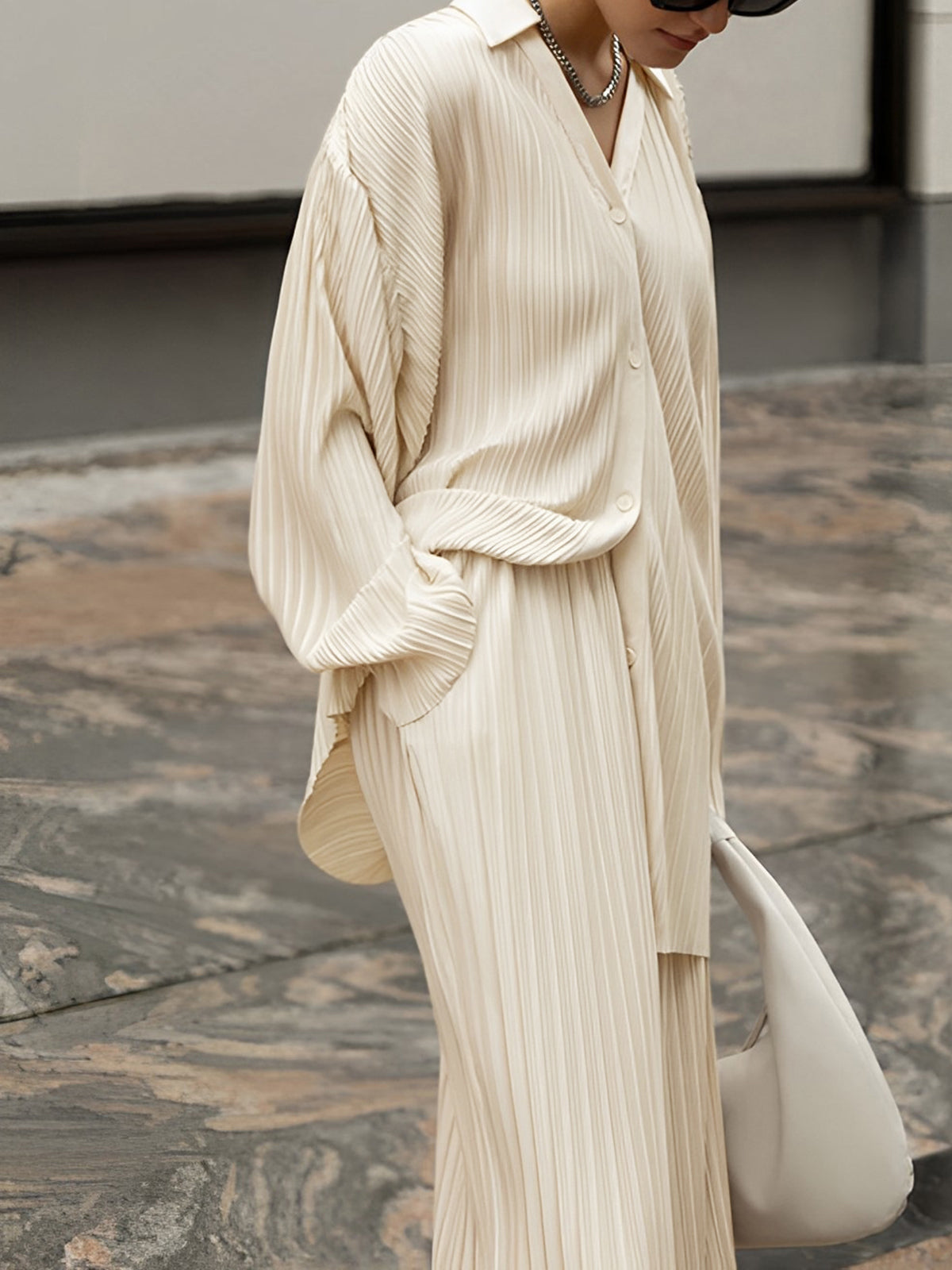 Women's Pleated Two-Piece Set – Oversized Shirt & Wide-Leg Trousers
