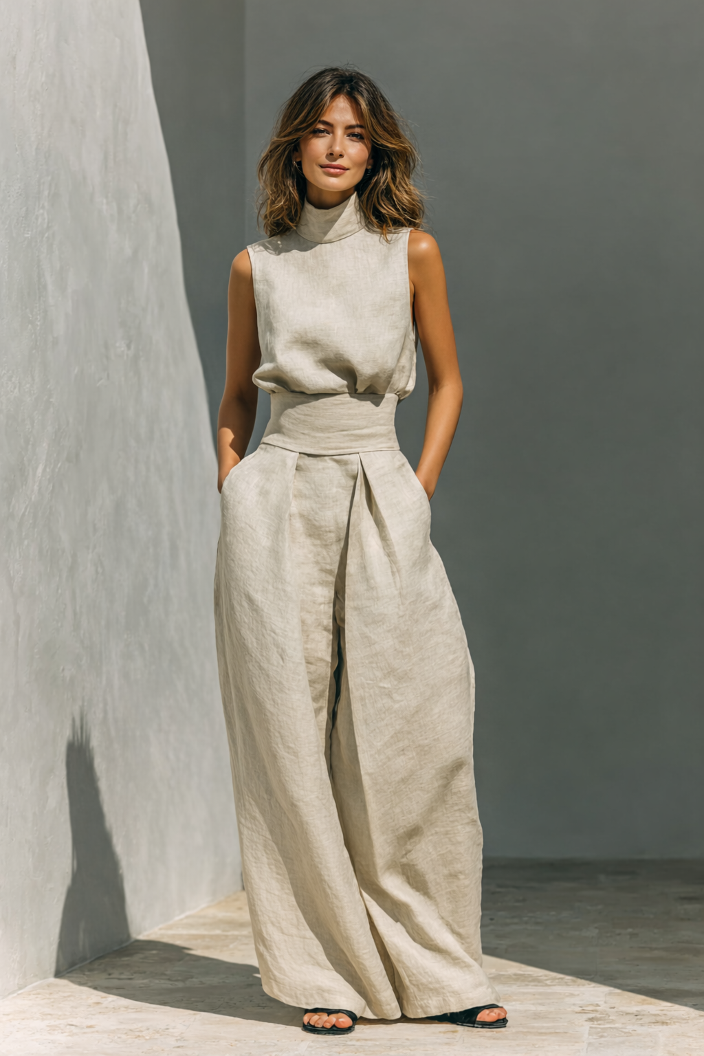 Women's Cotton Linen Two-Piece Set High Neck Top