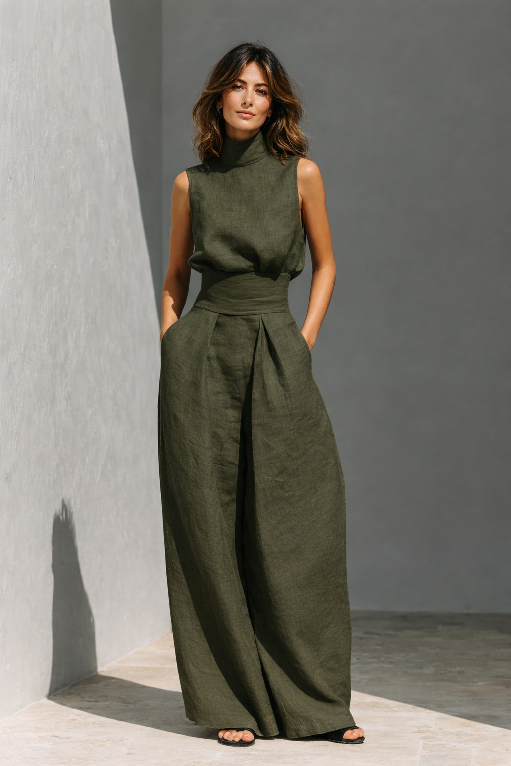Women's Cotton Linen Two-Piece Set High Neck Top