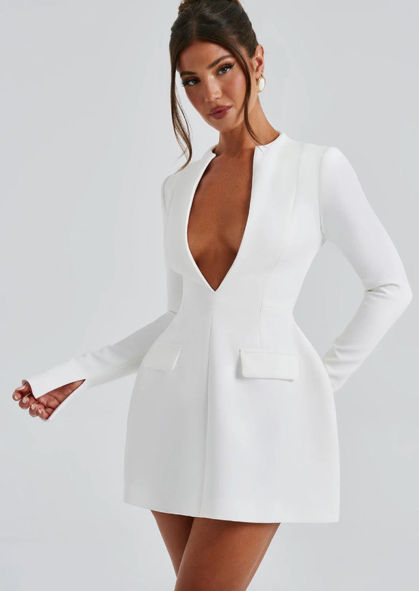 Women's Deep V Plunge Blazer Mini Dress Long Sleeve