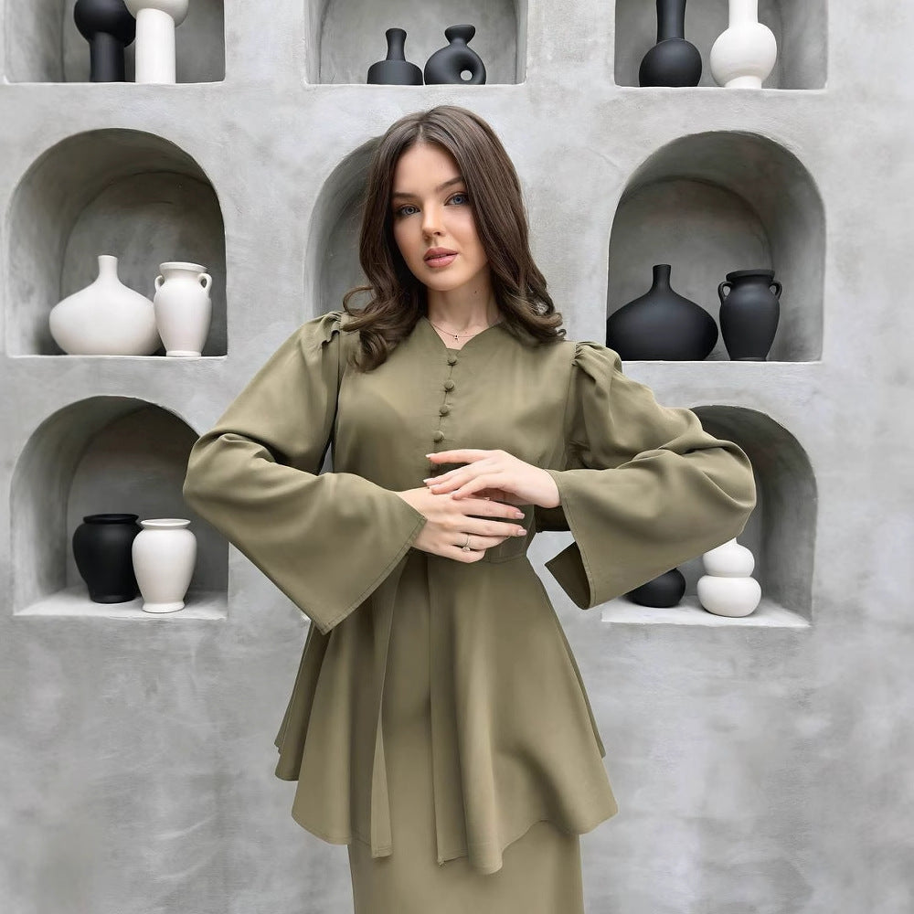 Women's Button Front Peplum Top & Maxi Skirt Set