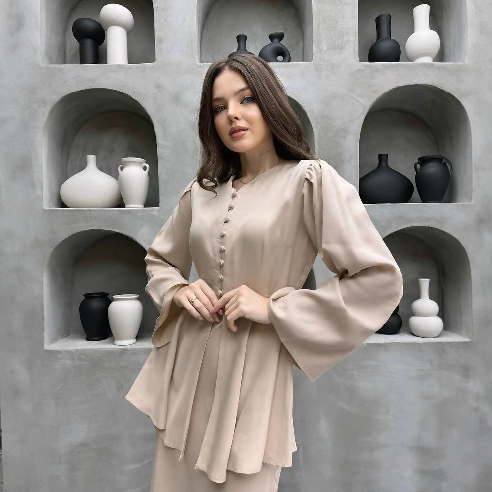 Women's Button Front Peplum Top & Maxi Skirt Set