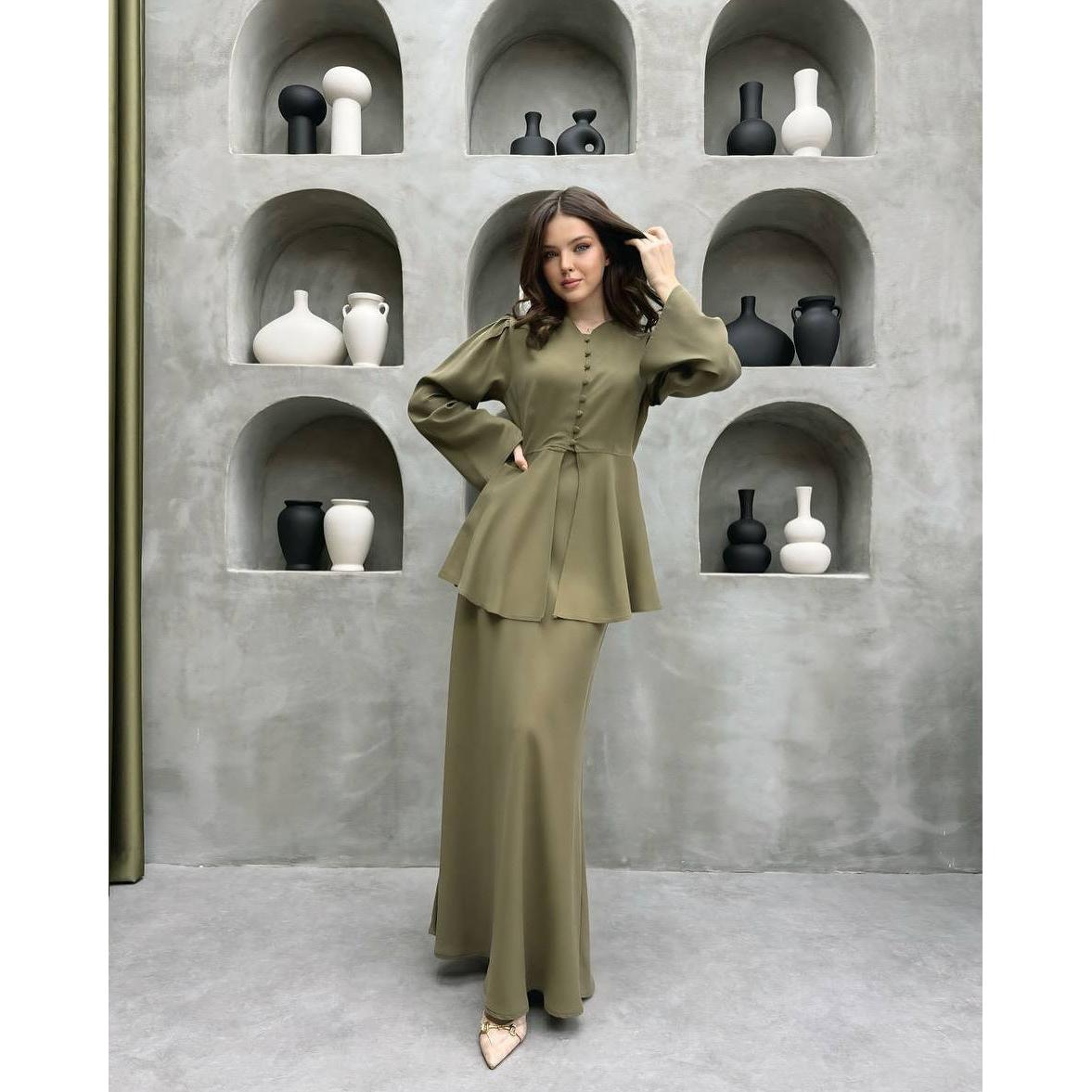 Women's Button Front Peplum Top & Maxi Skirt Set