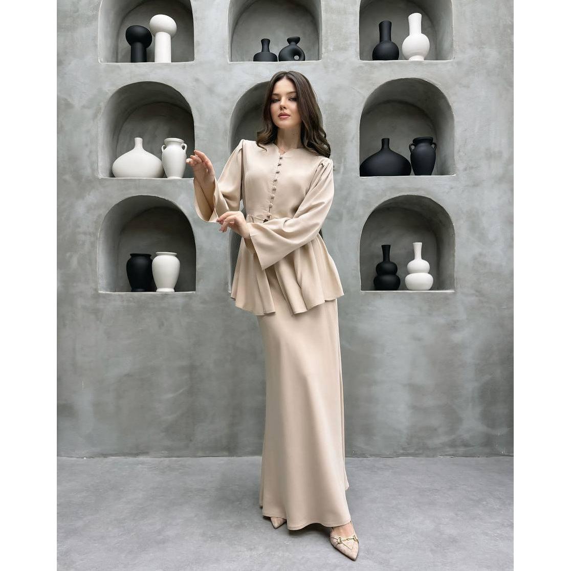 Women's Button Front Peplum Top & Maxi Skirt Set