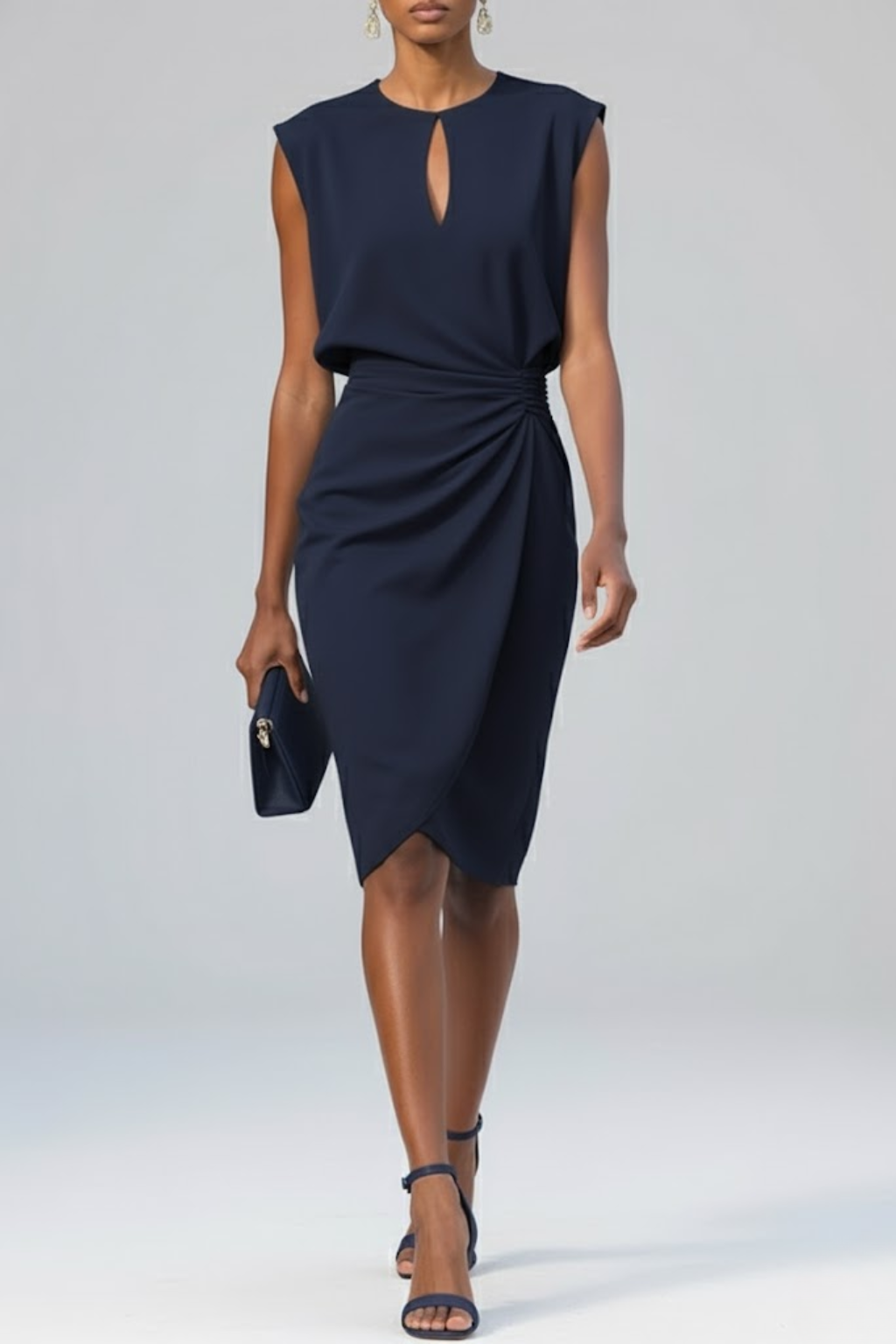 Women's Keyhole Midi Cocktail Dress with Ruched Waist