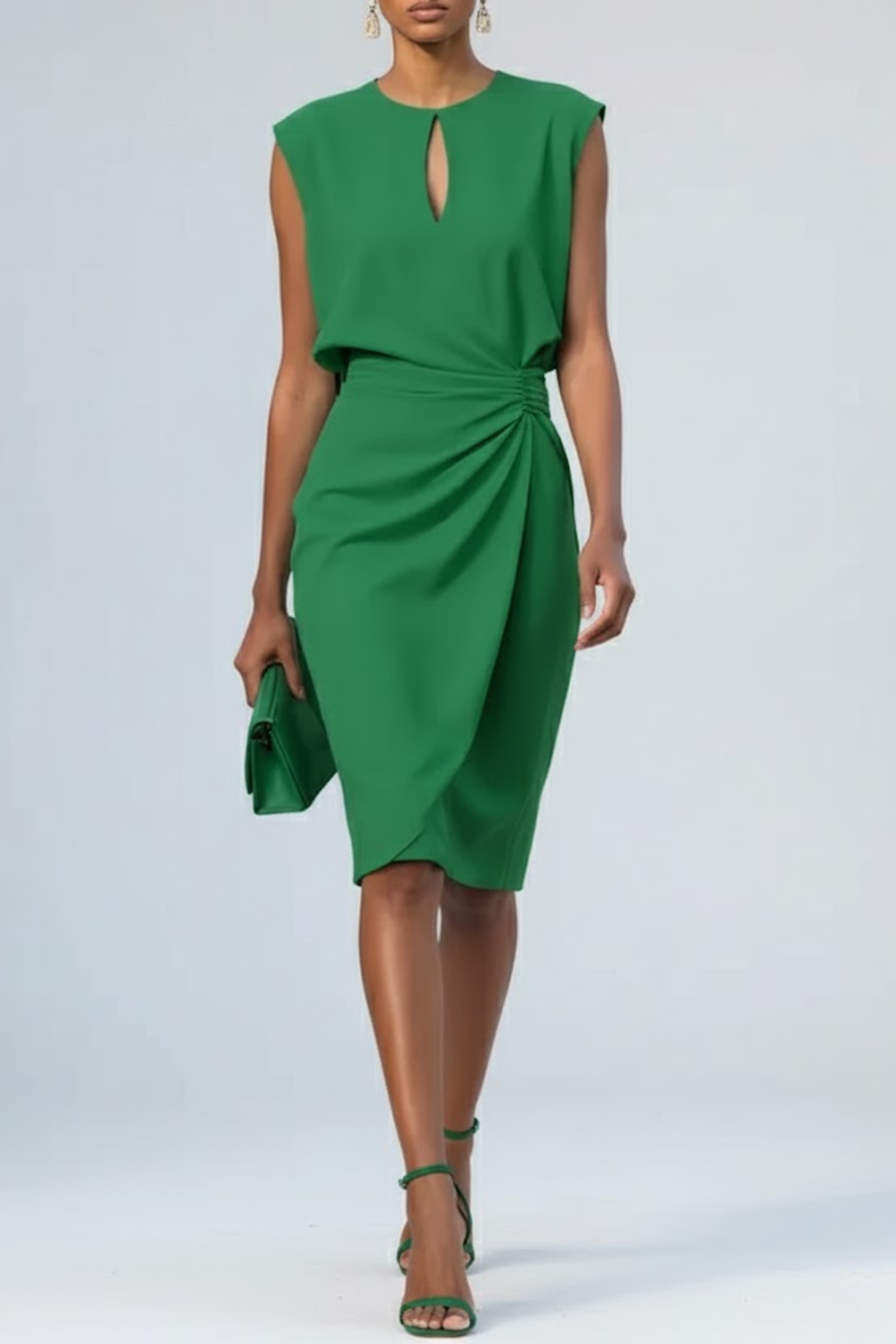 Women's Keyhole Midi Cocktail Dress with Ruched Waist