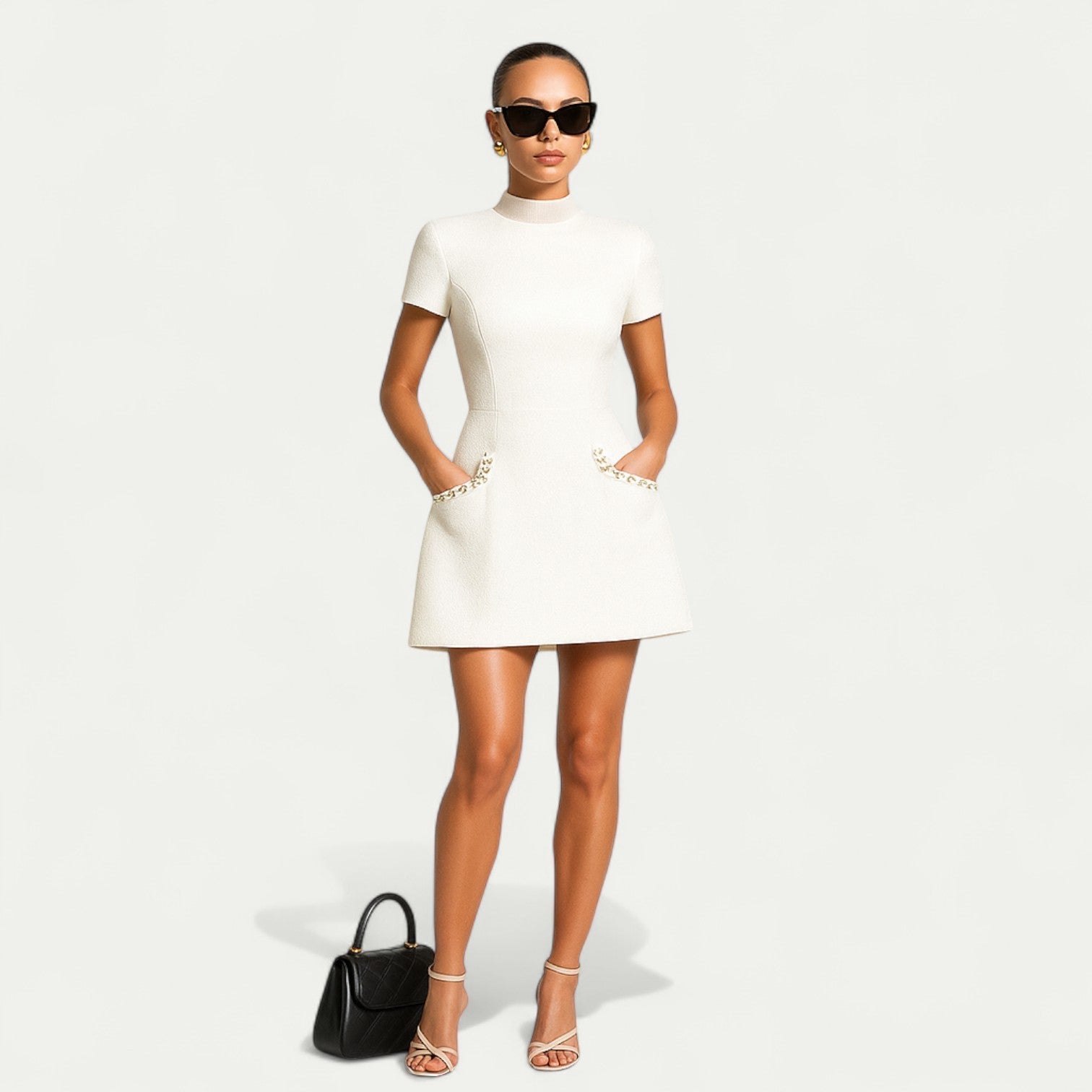 Women's Mini Dress with Pearl Trim and Pockets