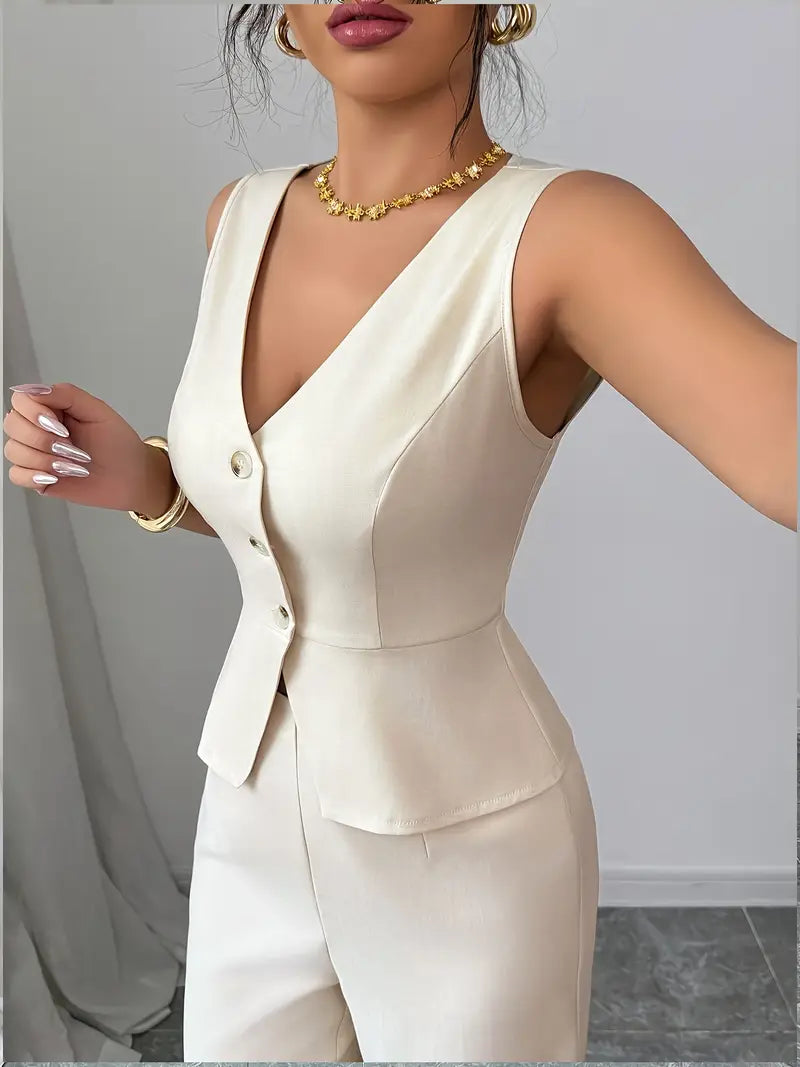 Women's Cream Tailored Trouser Set with Waistcoat – Wide-Leg