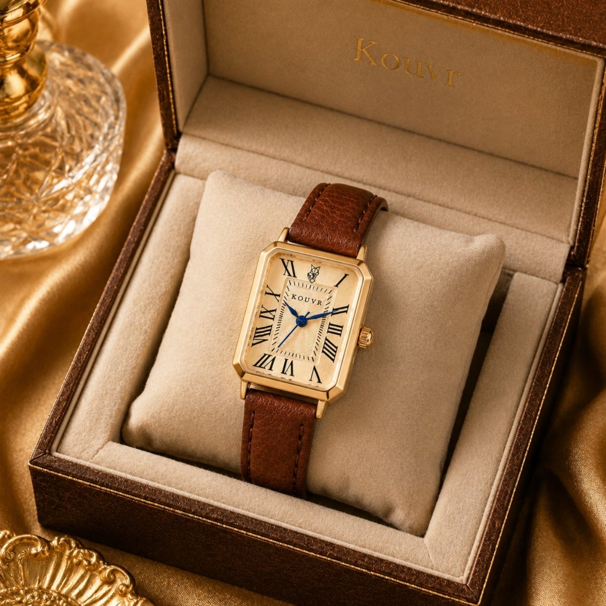 Women's Gold Rectangular Watch with Leather Strap | Champagne Dial