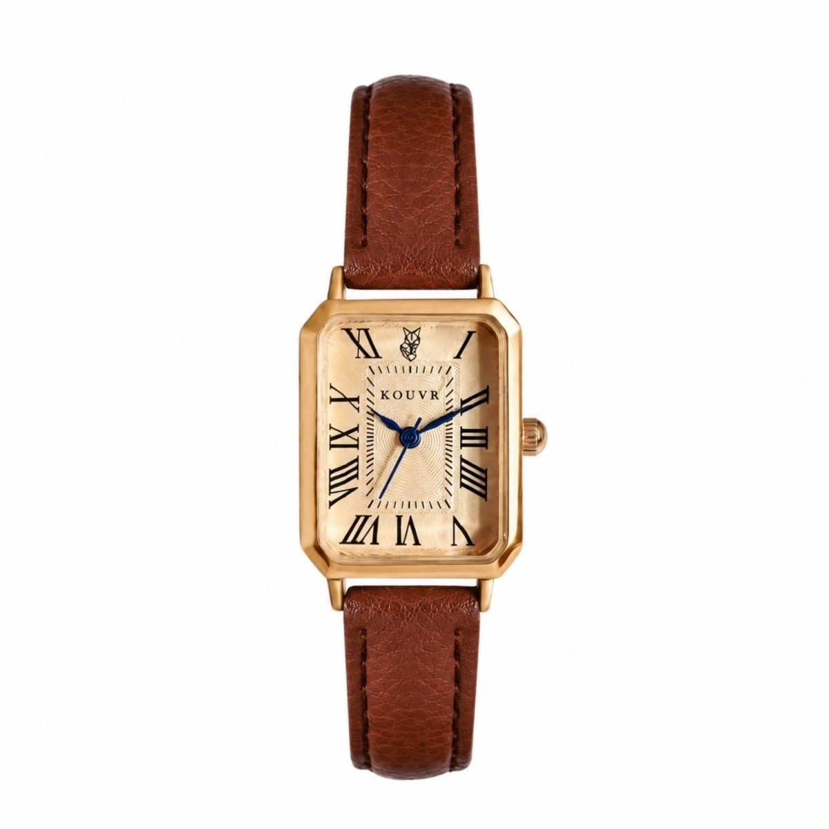 Women's Gold Rectangular Watch with Leather Strap | Champagne Dial