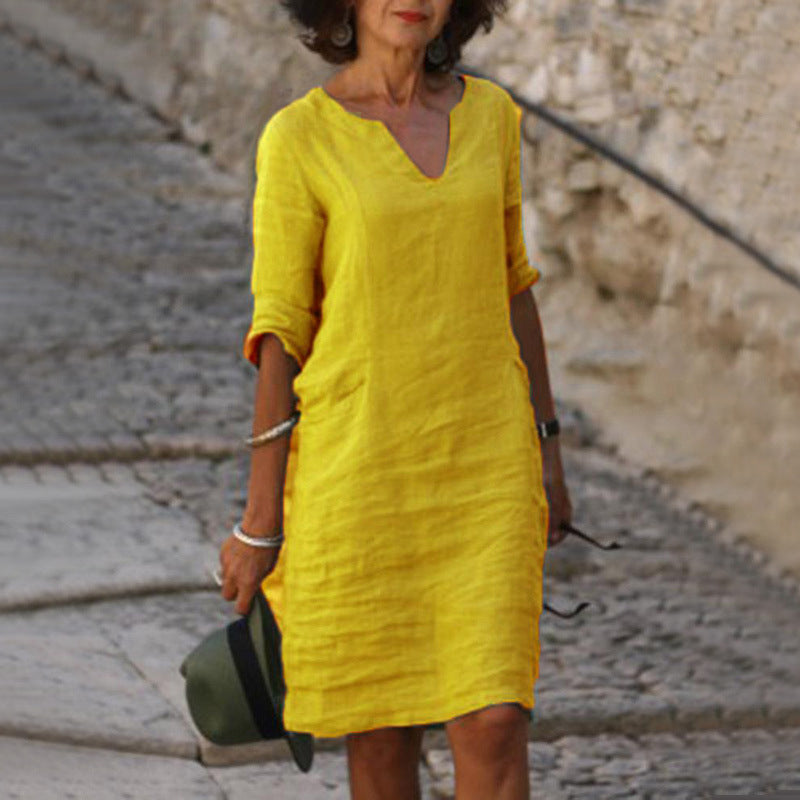 Linen V-Neck Dress Women – Relaxed Fit Summer Dress