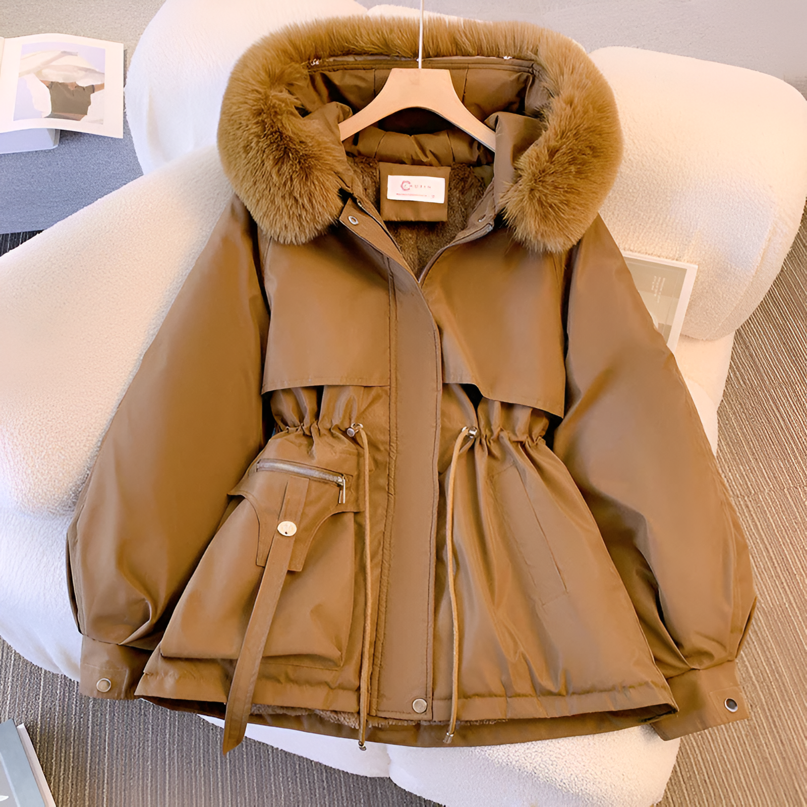 Women's Faux Fur Collar Winter Coat with Drawstring Waist