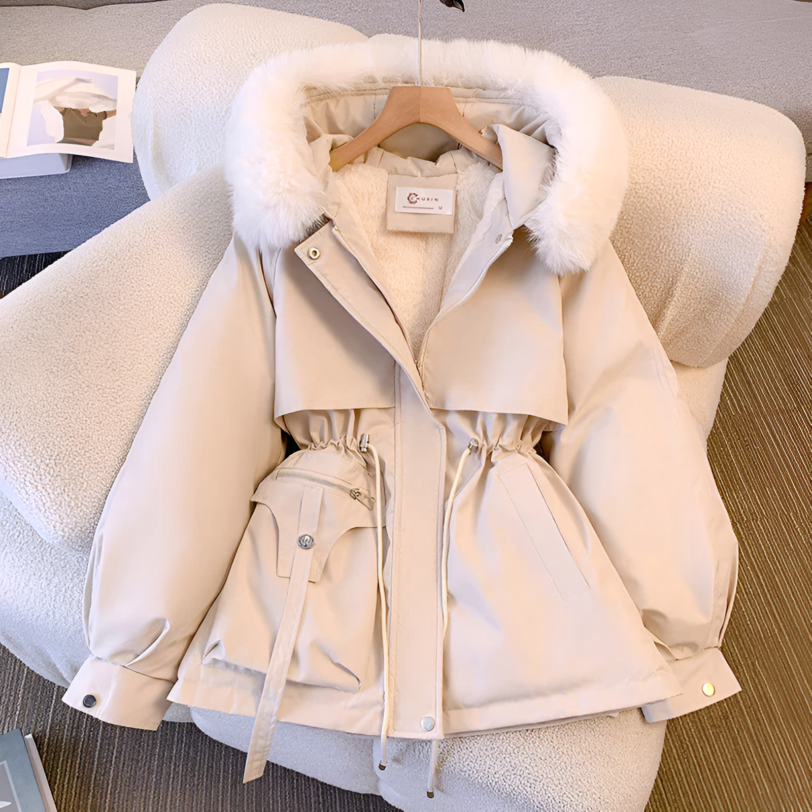 Women's Faux Fur Collar Winter Coat with Drawstring Waist