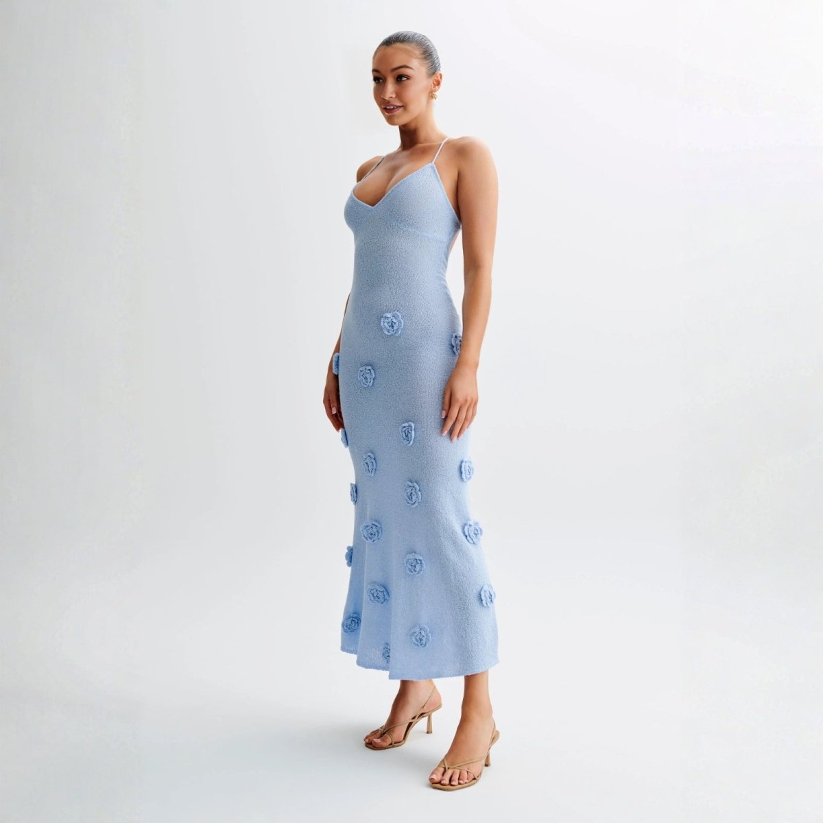 Viscose Knit Midi Dress with Hand-Applied Rosettes | Alexie