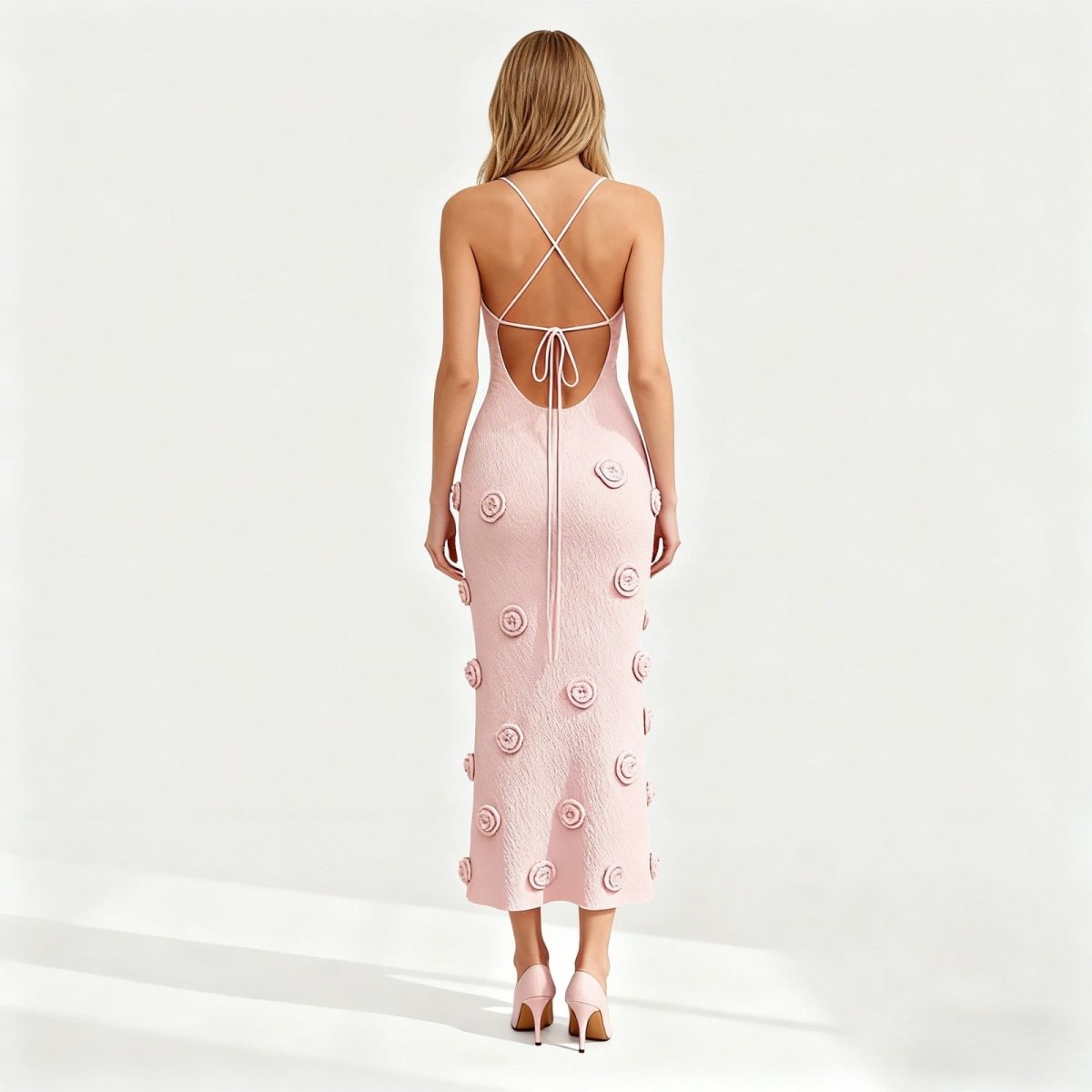 Viscose Knit Midi Dress with Hand-Applied Rosettes | Alexie