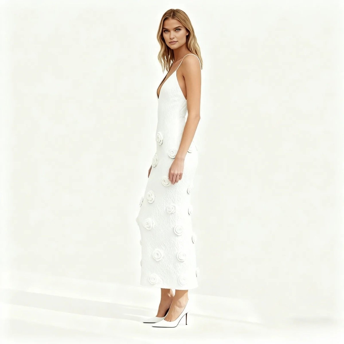 Viscose Knit Midi Dress with Hand-Applied Rosettes | Alexie