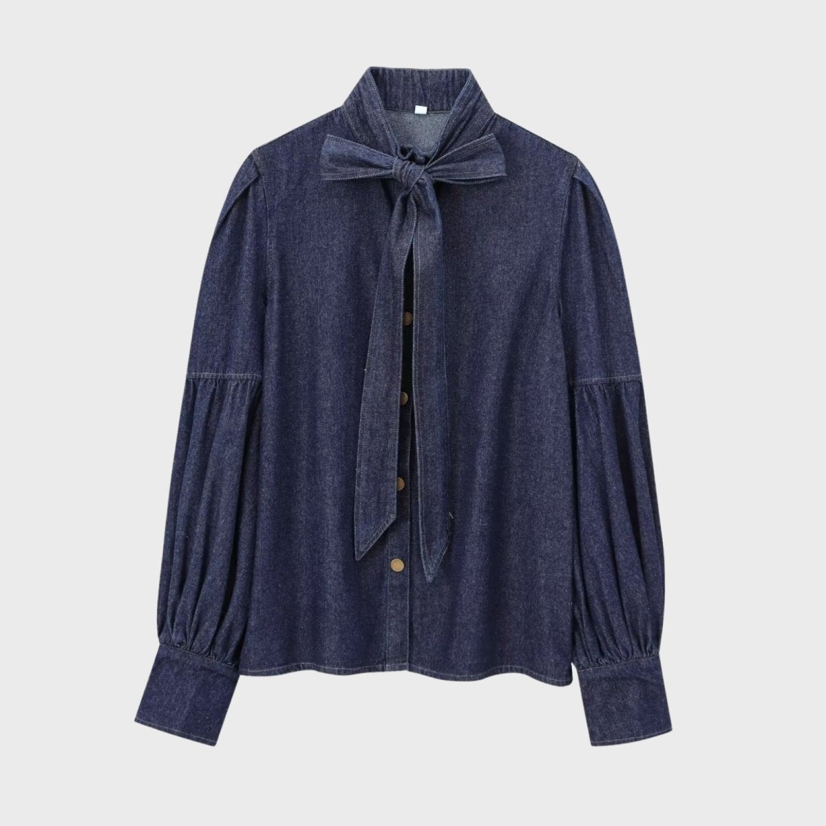 Indigo Denim Blouse with Bow Neckline – Long Sleeve