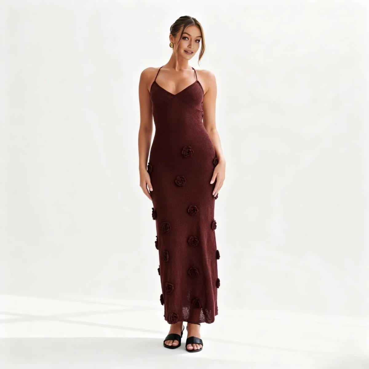 Viscose Knit Midi Dress with Hand-Applied Rosettes | Alexie