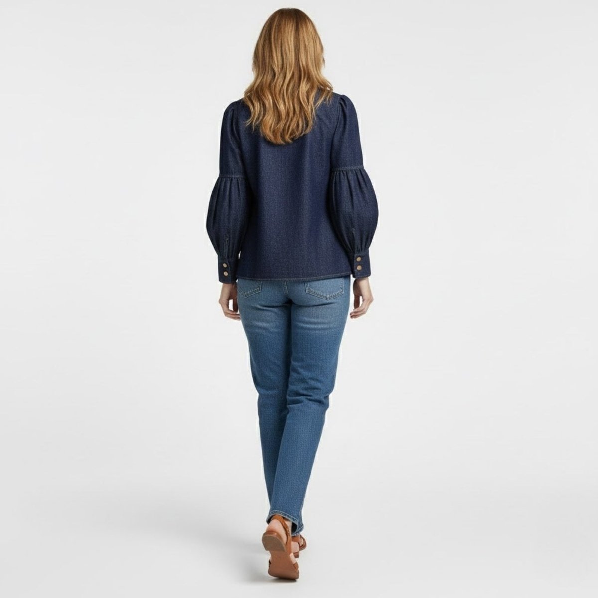 Indigo Denim Blouse with Bow Neckline – Long Sleeve