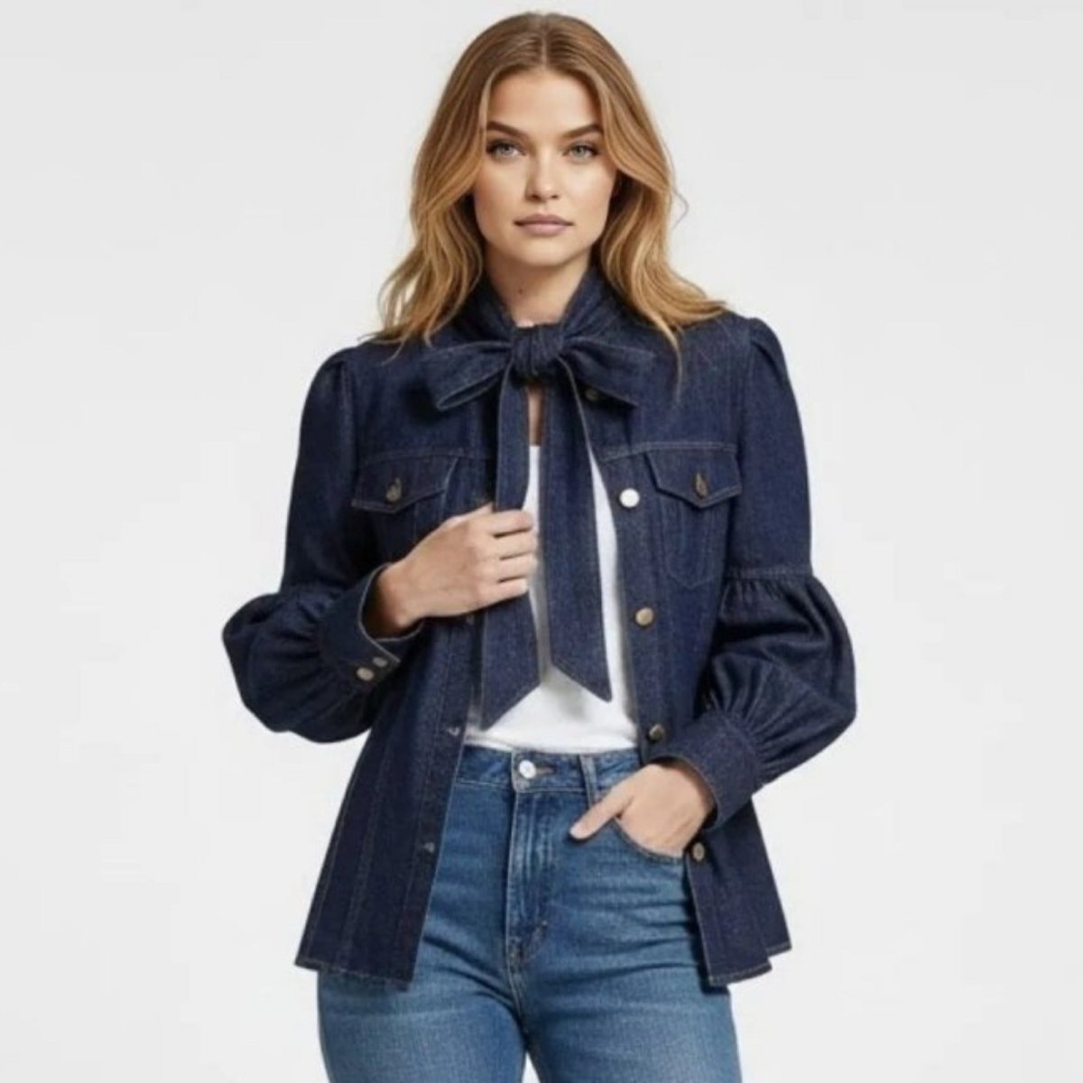 Indigo Denim Blouse with Bow Neckline – Long Sleeve