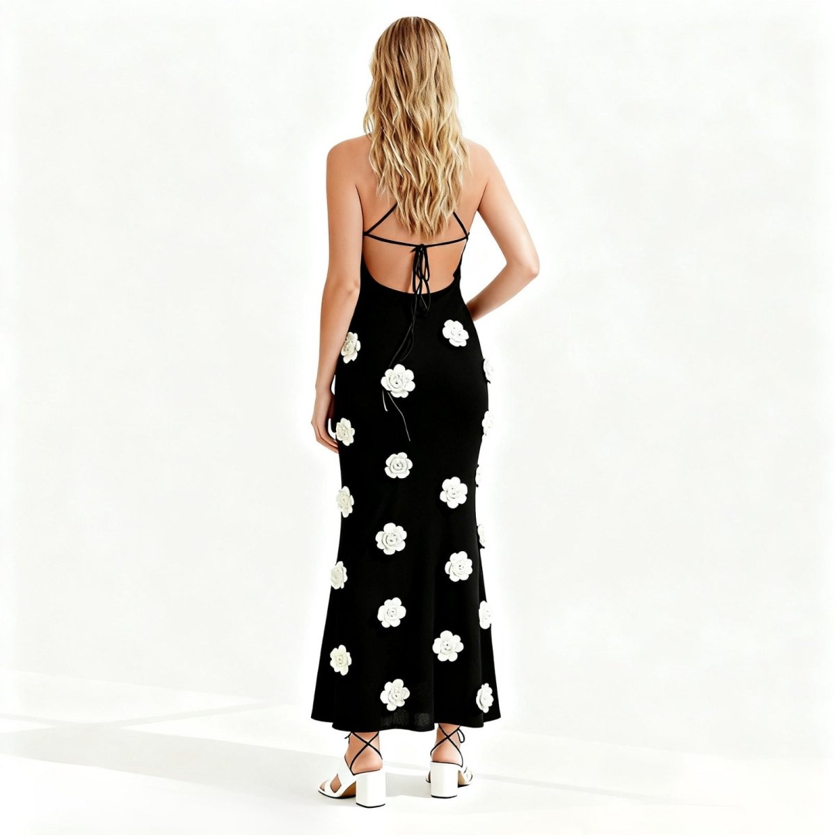 Viscose Knit Midi Dress with Hand-Applied Rosettes | Alexie